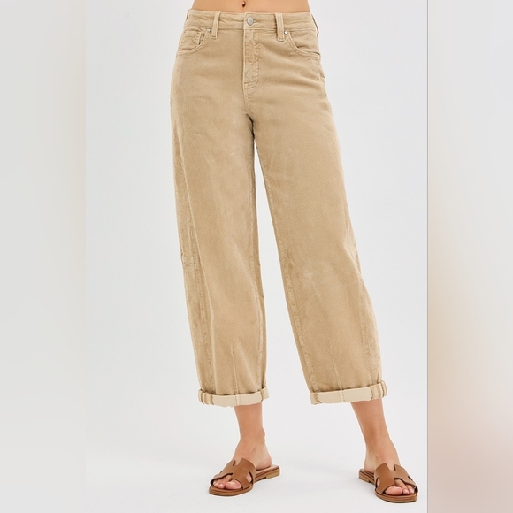 Risen High Rise Corduroy Barrel Jeans Tan Neutral Cuffed Ankle Crop Various NEW - Picture 2 of 6